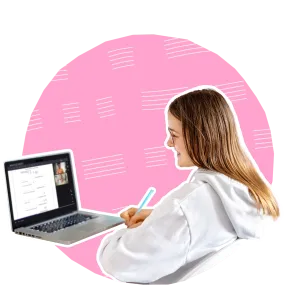 Student on laptop lesson space in pink circle