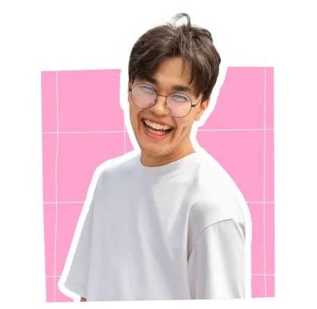 Student smiling facing left in a pink square