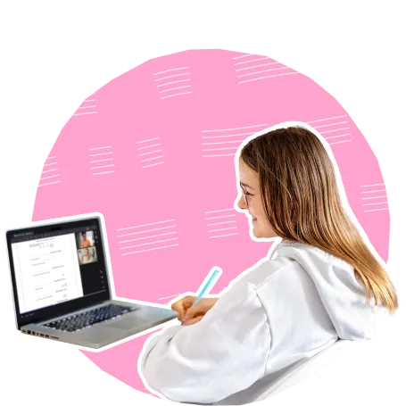 Student on laptop lesson space in pink circle