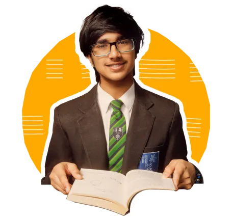 student with book in orange circle