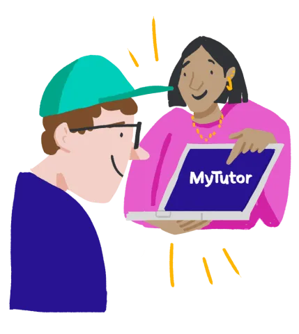 Illustration of someone holding a laptop with the MyTutor logo