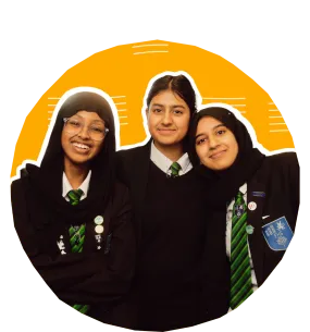 Students together inside orange circle