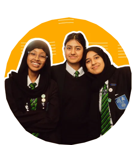 Students together inside orange circle